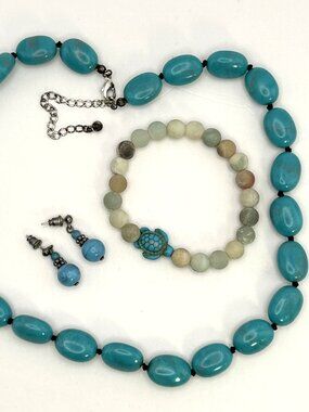 Teal Beaded Necklace Set Turtle Bracelet Earrings Boho Coastal Beach Bundle